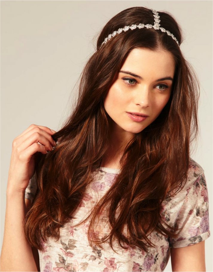 All-down wedding hairstyle with embellished bridal headband