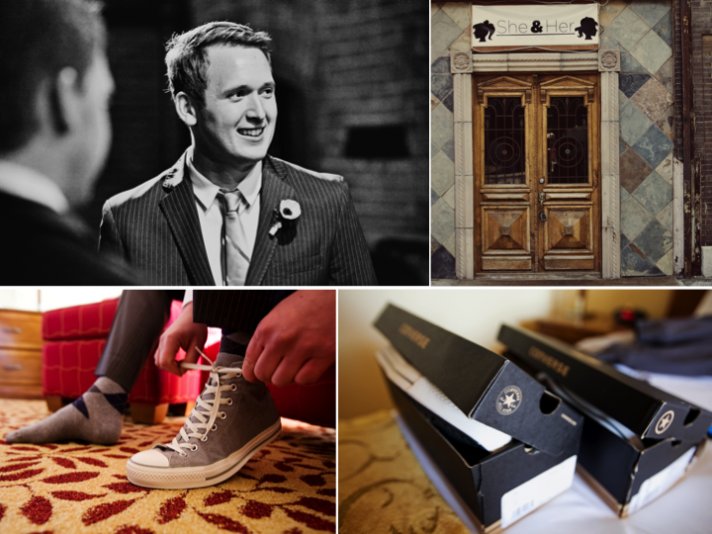 Funky Kansas City groom wears Converse with his grey pinstripe wedding suit