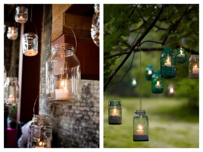 Rustic outdoor wedding decor using mason jars