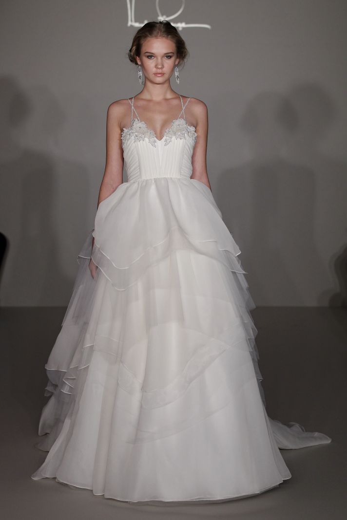 Hayley Paige 2012 wedding dress with ruffled tiers and floral embellishments