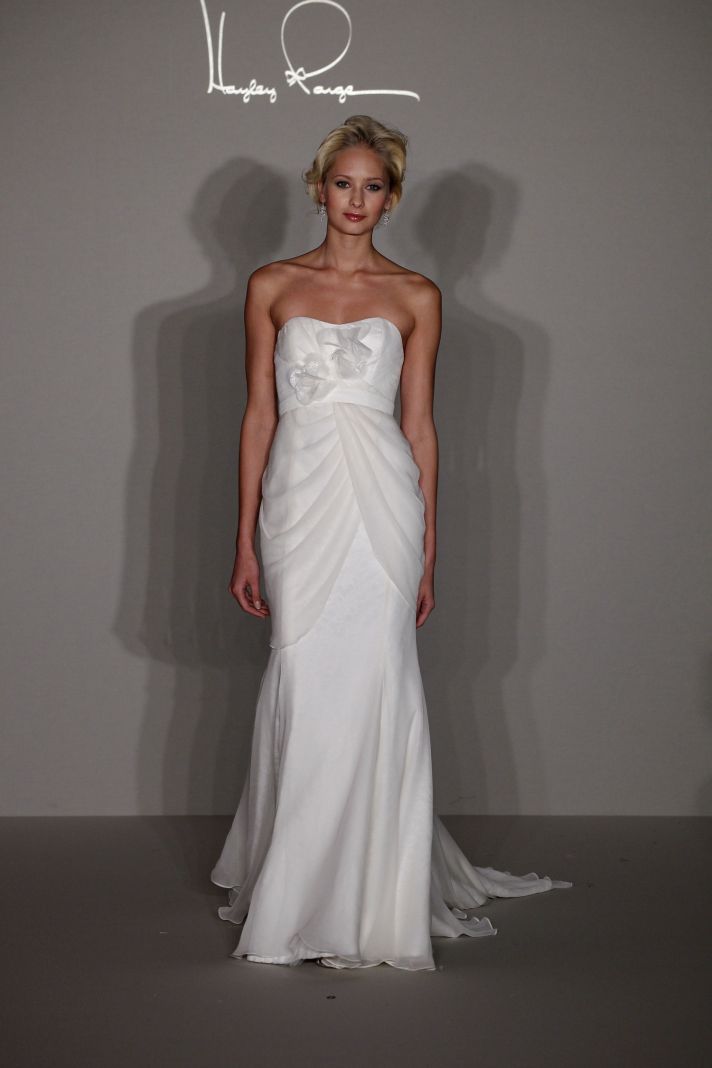 Hayley Paige 2012 column wedding dress with fabric flower detail