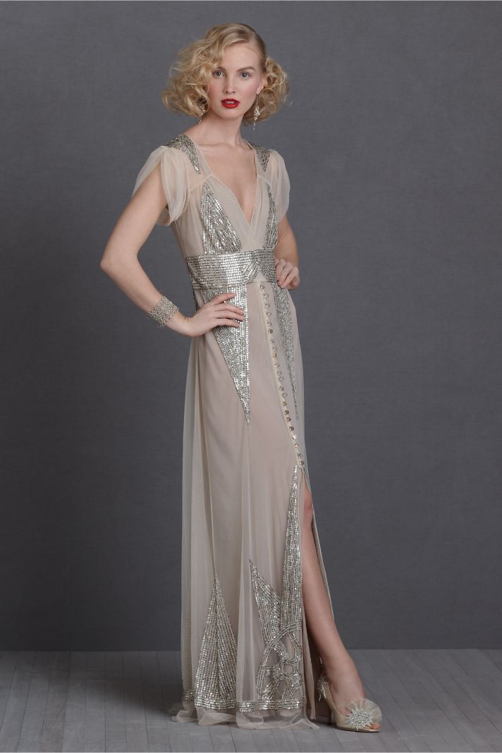 silver gold sequin adorned wedding dress BHLDN bridal gown 2012