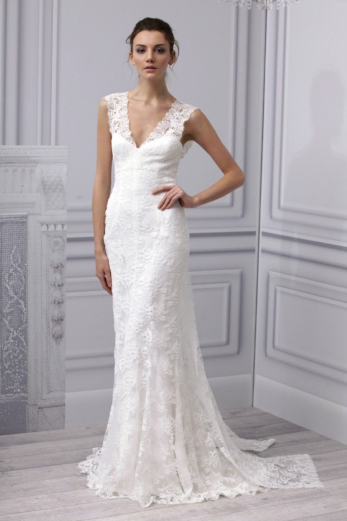 Spring 2013 wedding dress Monique Lhuillier bridal gown simple lace v neck