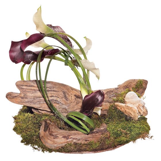 unique wedding centerpieces Calla lilies echeveria mushrooms moss wood fine silver thread