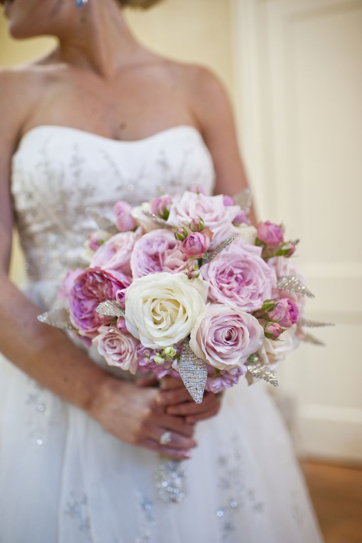romantic rose bridal bouquet pink ivory with crystals