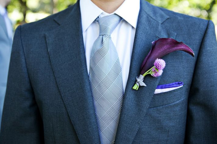 elegant grooms attire for outdoor Malibu wedding gray suit calla lily bout