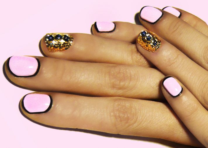 pretty wedding manicures light pink with gold black