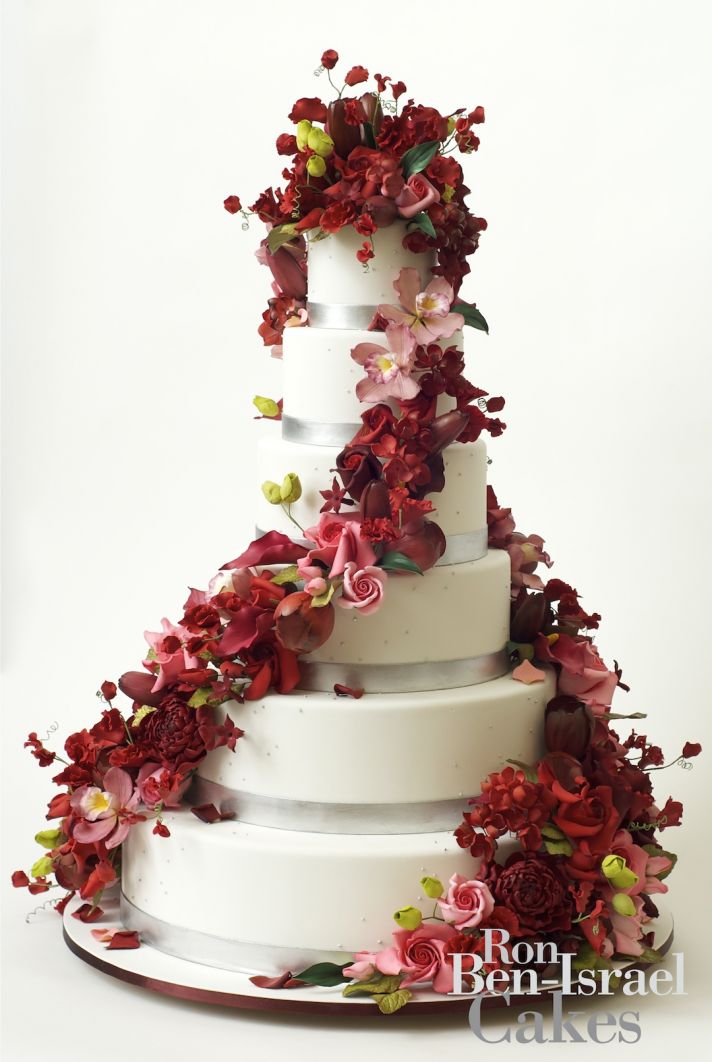 wedding cake inspiration Ron Ben Isreal wedding cakes red pink cascading florals