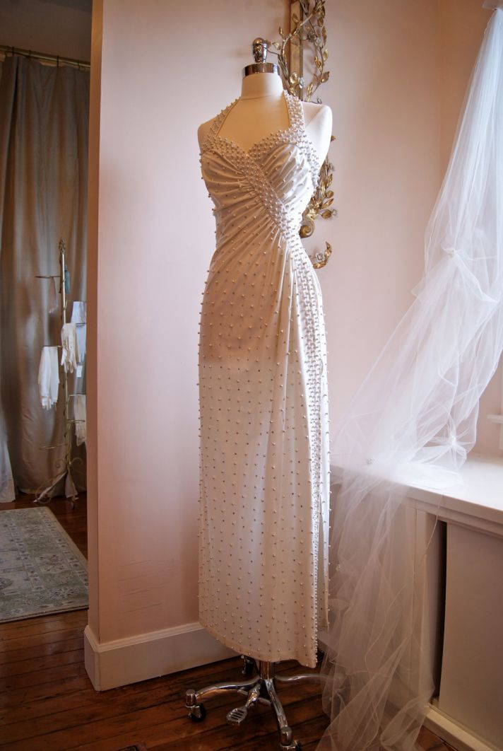 vintage wedding dress bridal gown inspiration from Etsy 1970 s pearlized halter