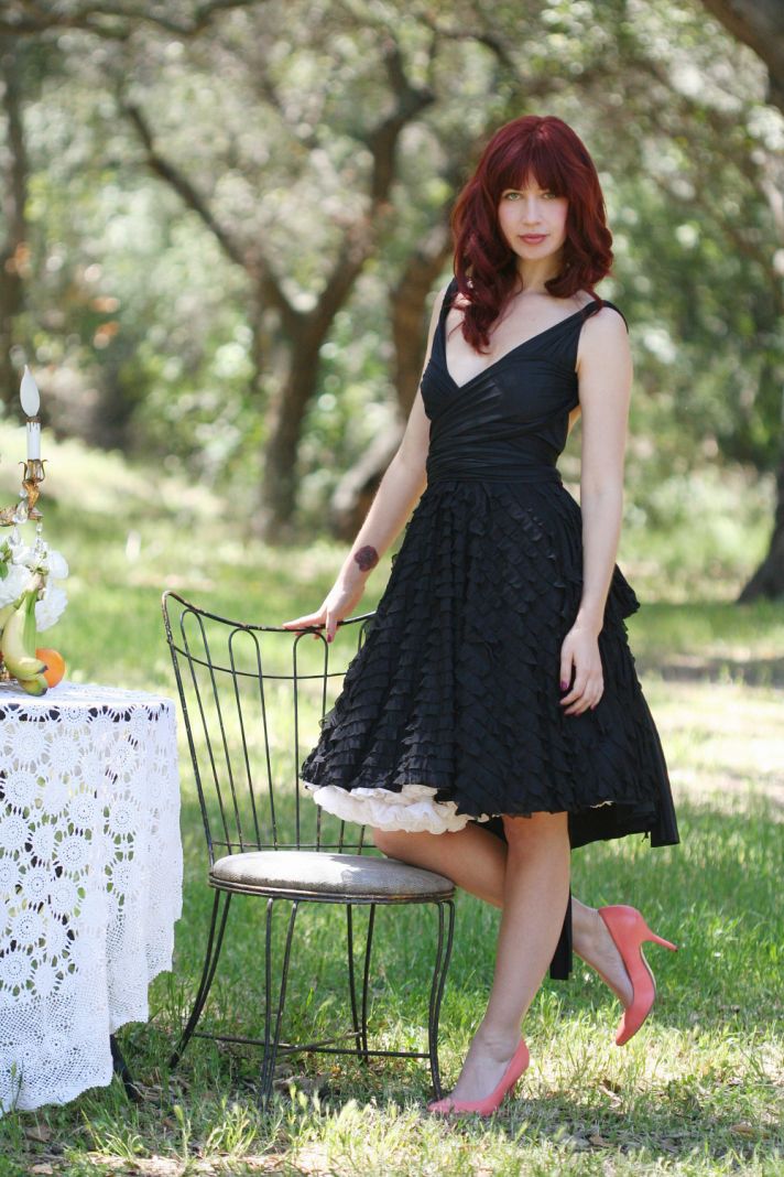 black bridesmaid dress v neck ruffle skirt