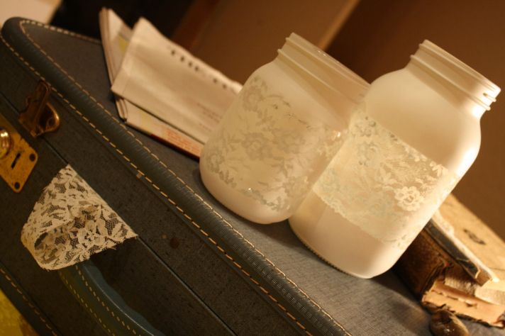 things brides love Mason Jar wedding reception decor centerpieces frosted with lace