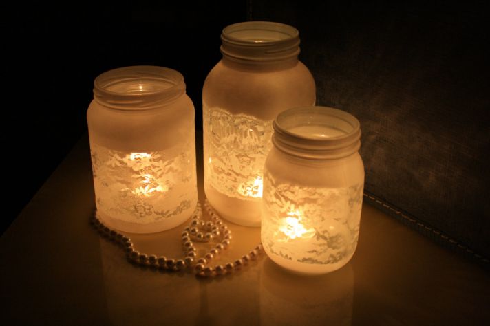things brides love Mason Jar wedding reception decor centerpieces frosted with lace
