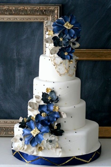 White Blue Gold Wedding Cake