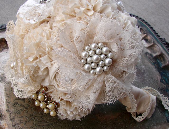 Ivory fabric flowers romantic vintage bridal bouquet