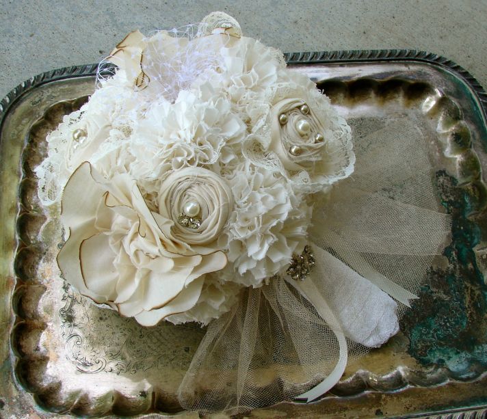Ivory fabric flowers romantic vintage bridal bouquet