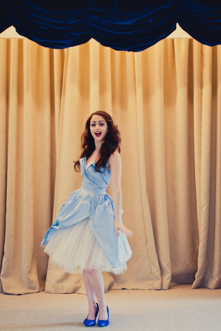 Light blue and white tea length wedding dress
