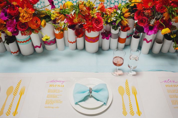 modern wedding tablescape with unique diy centerpieces