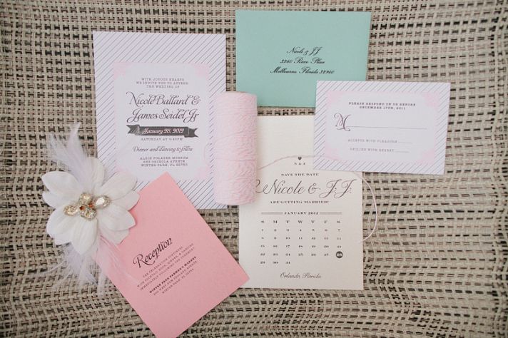 aqua and blush pastel romantic wedding invitations