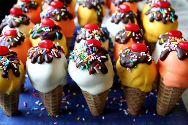 ice cream cone wedding cake pops with cherries and sprinkles