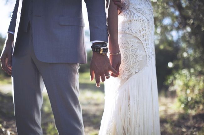 Jewish bride wears white crochet statement back wedding gown