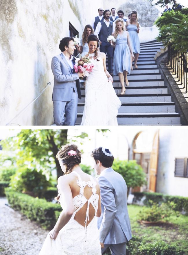Jewish bride wears white crochet statement back wedding gown