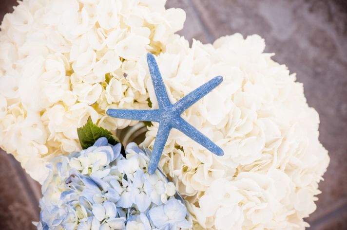 White and Blue Hydrangeas with Blue Starfish