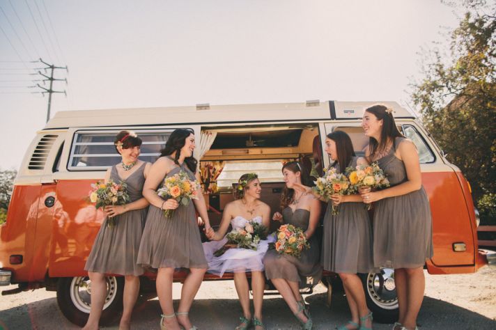 Bridesmaids and Bride in VW Van