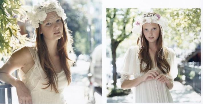 Whimsical, romantic head wear in ivory with ivory and dusty rose colored flowers