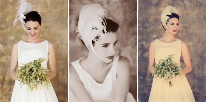 Classic white wedding dress, green and ivory bouquet, white feather in hair