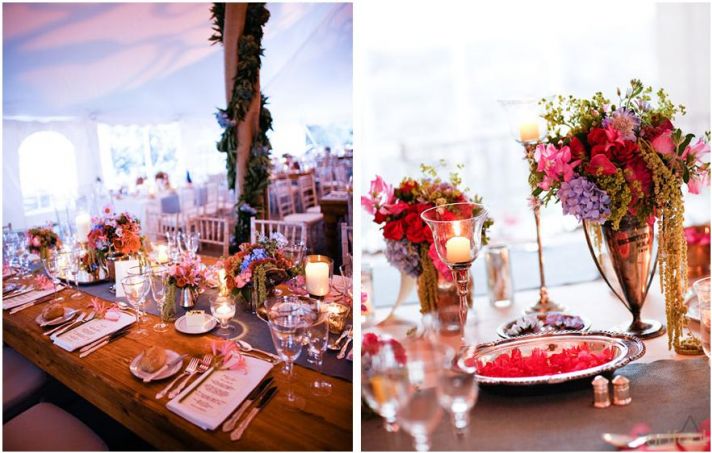 Whimsical, romantic, and vibrant tent for wedding reception, filled with flowers and plants