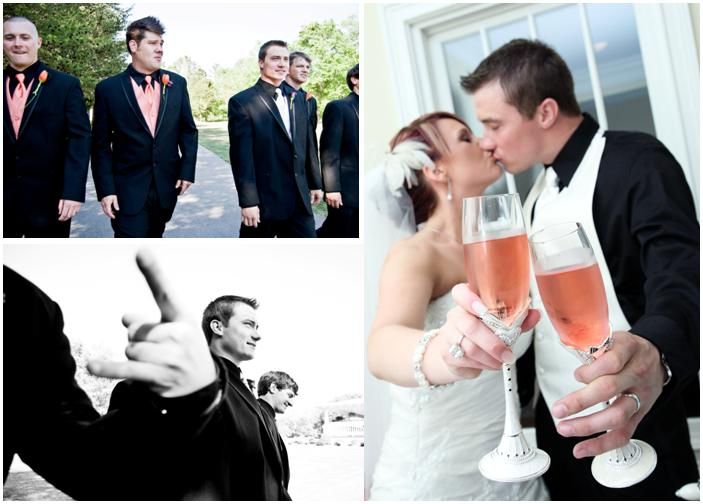 Bride and groom toast with champagne glasses; groomsmen in black tuxes, peach tie and vest