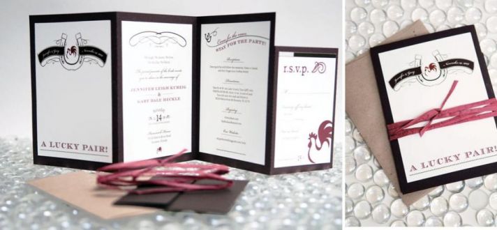 Lucky pair wedding stationery in black, white, and red