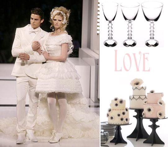 Short Chanel wedding dress, beautiful modern wine glasses, white, cream, pink black wedding cakes