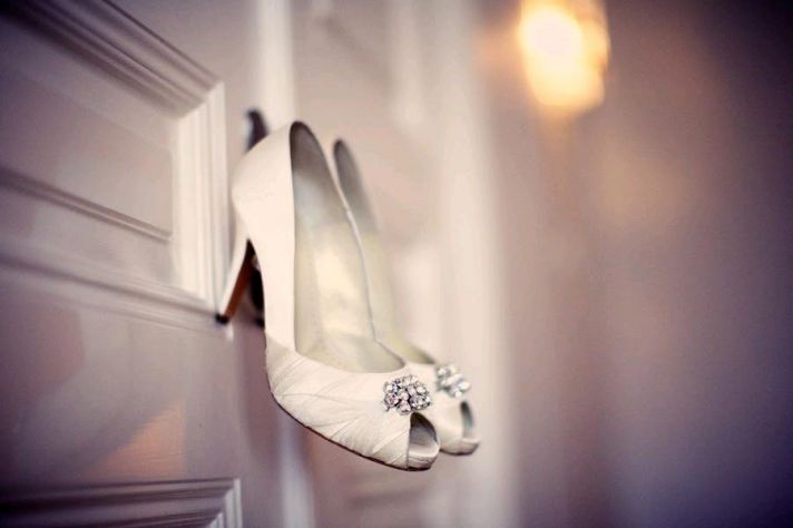 Gorgeous ivory satin peep toe bridal heels with crystal brooch