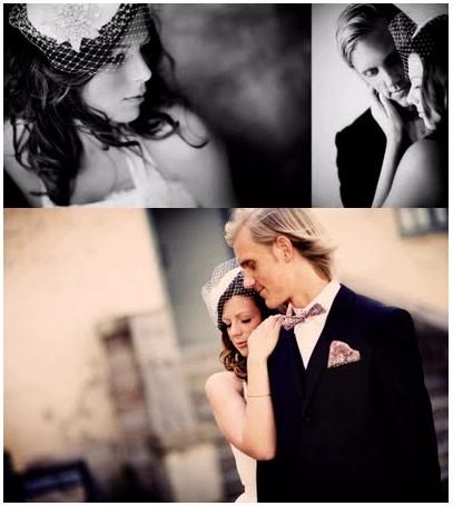 Artistic wedding photos- bride leans on grooms shoulder, groom in black tux, patterned bow tie