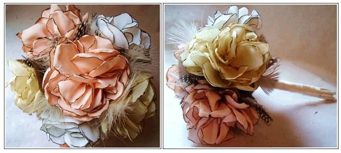 Beautiful peach, ivory, gold and white bridal bouquet made from recycled vintage fabrics