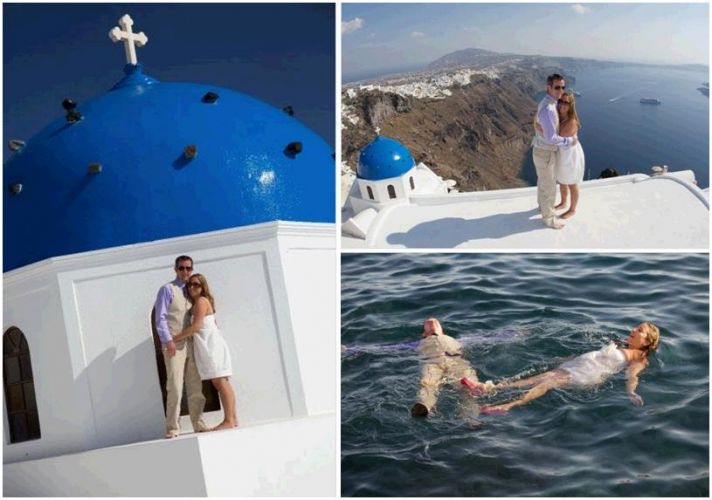 Newlyweds pose atop a beautiful building in Santorini, Greece; float together in mediteranean