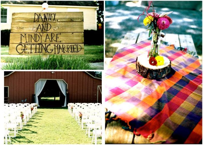 Beautiful outdoor wedding- handmade wood getting married sign, orange, purple pink picnic tablecloth