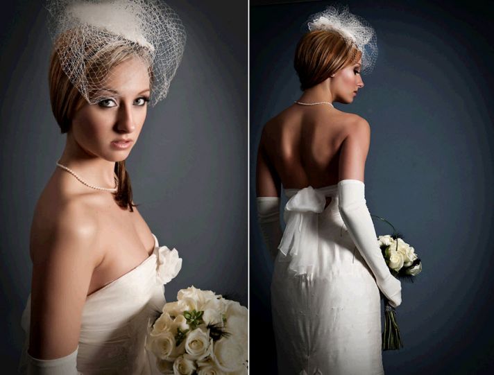 Venise lace borders gorgeous bridal fascinator; strapless sheath wedding dress with rosette accent