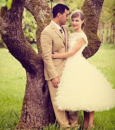 Vintage-inspired tea length tulle wedding dress