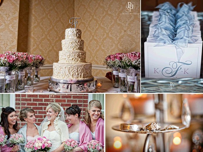 Beautiful ivory four tier wedding cake; ivory, light blue and blush pink wedding programs