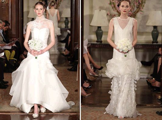 Ivory vintage chic Carolina Herrera wedding dress- sheath style and asymmetric one-shoulder looks