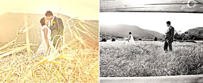 Bride and groom kiss after saying I Do in open field during sunset- vintage-style wedding photograph