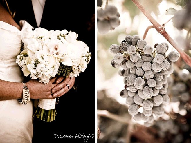 Bride holds all white bridal bouquet, groom in black tux; stunning frosty grapes at winery