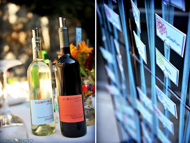Custom wine labels with engaged couple’s names add a personalized touch to their wedding reception