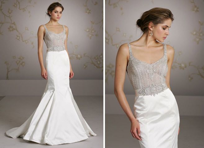 Gorgeous silver beaded bodice illusion wedding dress with jeweled belt, mermaid silhouette