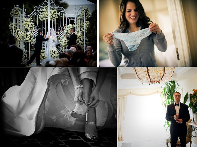 Bride holds Something Blue- I Do lacy thong, and puts on Jimmy Choo bridal heels