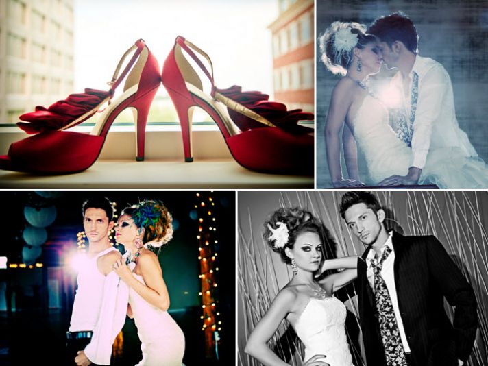 Lipstick red bridal heels with ruffle detail; edgy bride and groom kiss
