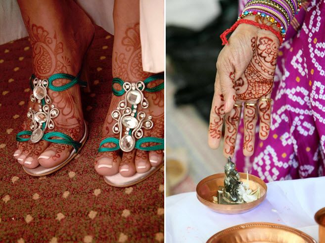 Bride wears strappy aqua bridal sandals with rhinestone details, beautiful henna on feet and hands