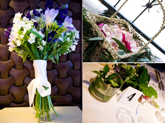 Purple and ivory flowers for beach bride’s bouquet; modern black and white wedding reception table d